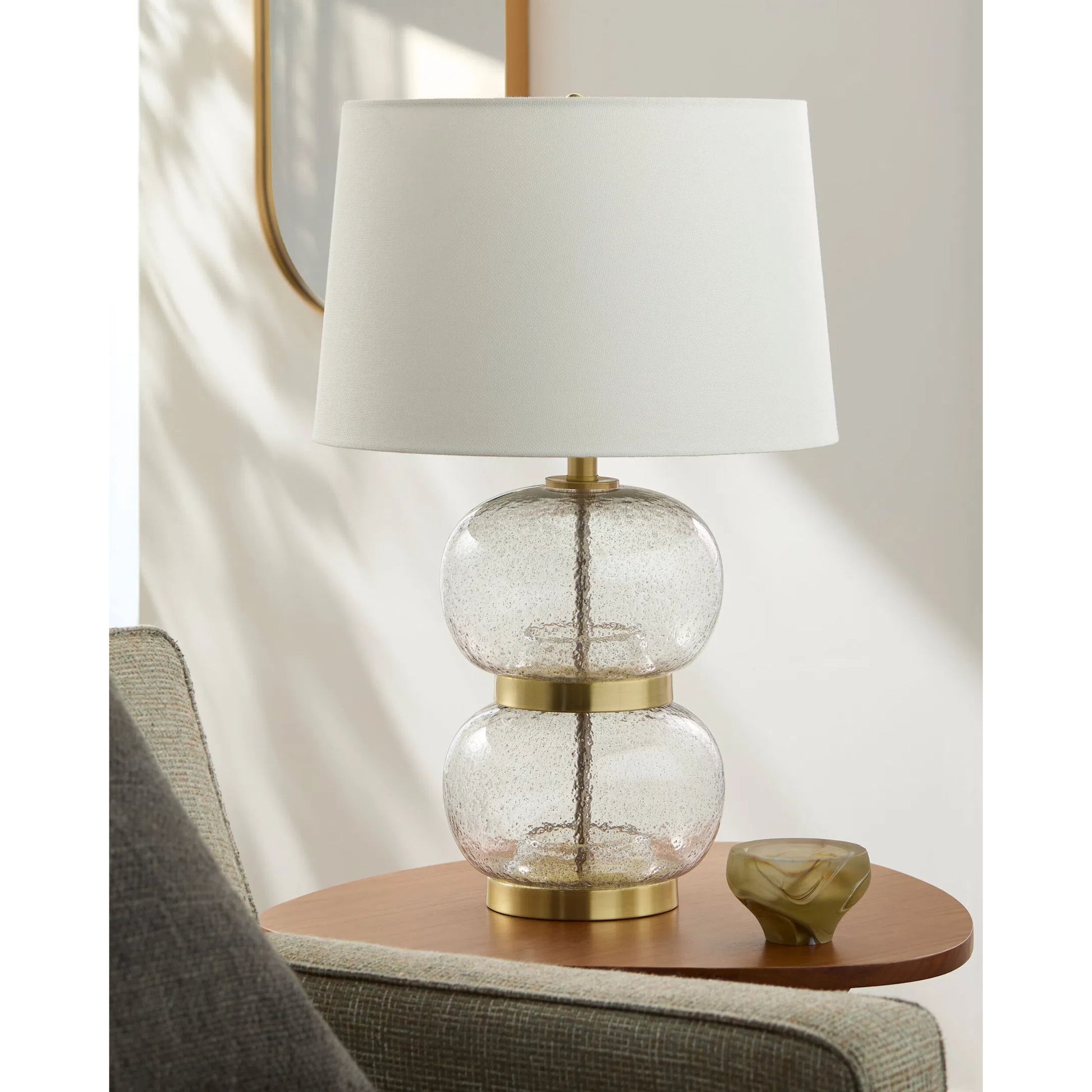 Gossi Accent Table Lamp by Livabliss in hand painted. Made from glass, iron, linen, polyester in a modern style.