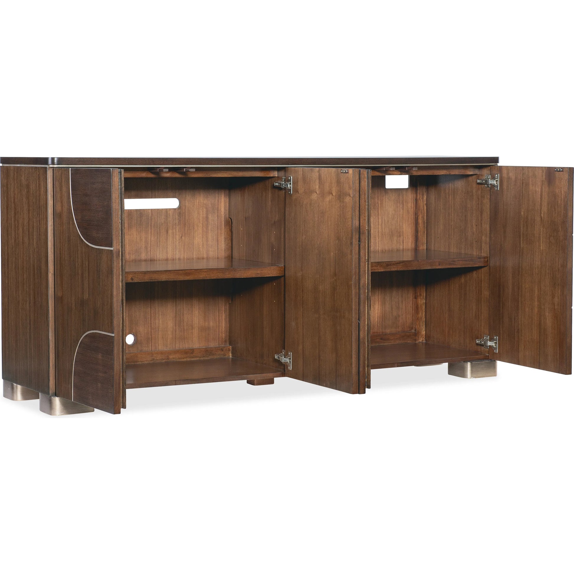 Melange Contours Credenza by Hooker Furniture in dark wood and walnut. Made from unique in a modern style.
