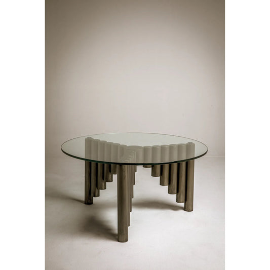 Organum Coffee Table by Noir in gunmetal. Made from industrial steel and glass in a modern style.