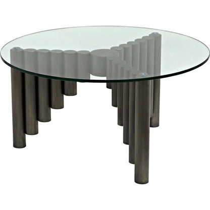 Organum Coffee Table by Noir in gunmetal. Made from industrial steel and glass in a modern style.
