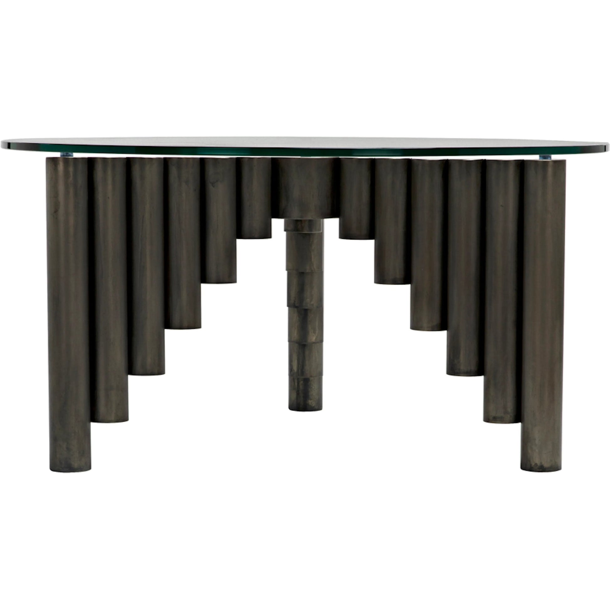 Organum Coffee Table by Noir in gunmetal. Made from industrial steel and glass in a modern style.