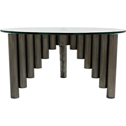 Organum Coffee Table by Noir in gunmetal. Made from industrial steel and glass in a modern style.