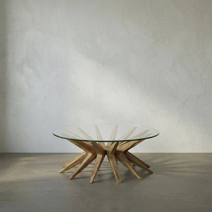 Waldo Coffee Table by Noir in clear coat flat teak. Made from teak and glass in a modern style.