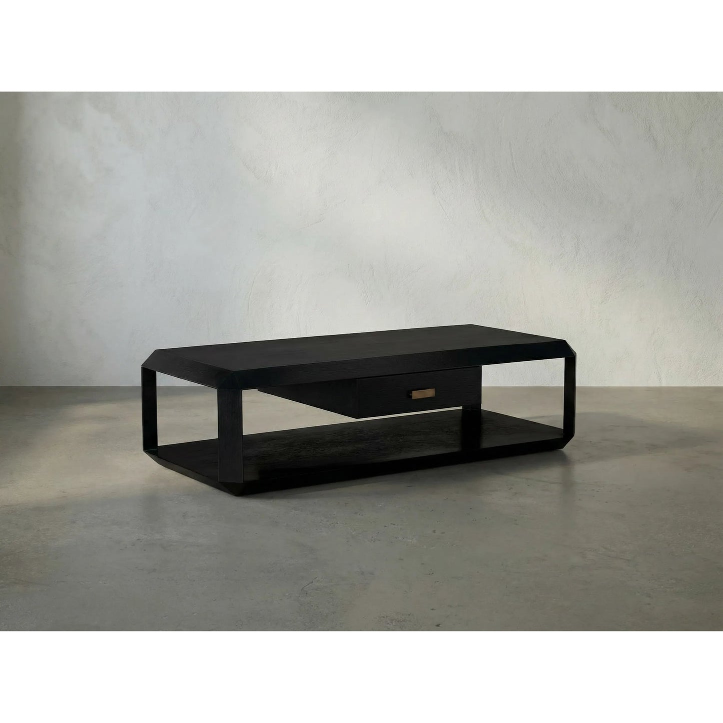 006 SI-2379022 | Lifestyle | Obtuse Coffee Table by Noir in hand rubbed black. Made from mahogany, veneer, brass pulls in a modern style.