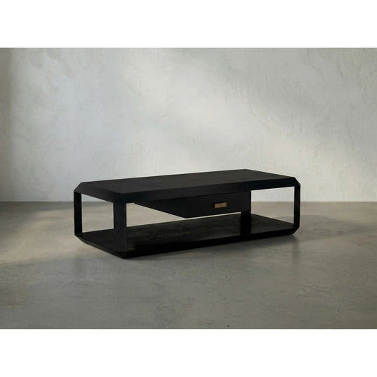 Obtuse Coffee Table by Noir in hand rubbed black. Made from mahogany, veneer, brass pulls in a modern style.