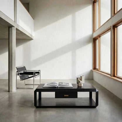 Obtuse Coffee Table by Noir in hand rubbed black. Made from mahogany, veneer, brass pulls in a modern style.