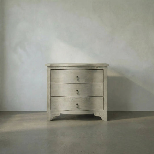 Curved Front Side Table by Noir in vintage gray. Made from elm in a transitional style.