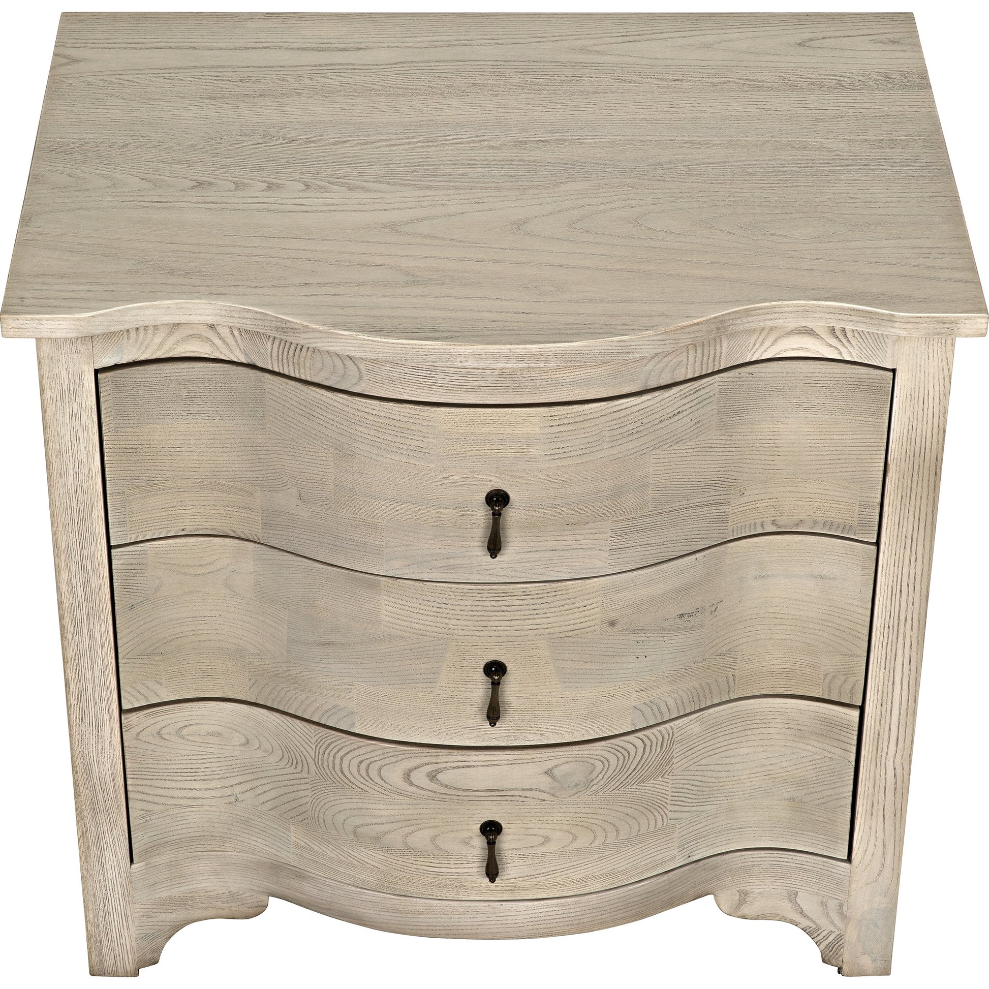Curved Front Side Table by Noir in vintage gray. Made from elm in a transitional style.