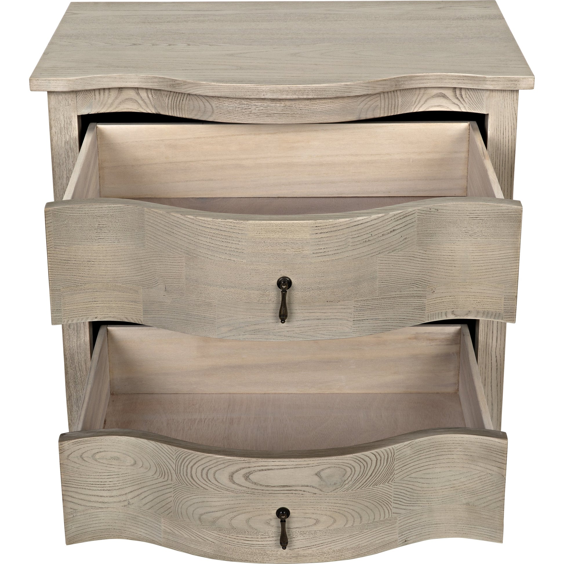 Curved Front Side Table by Noir in vintage gray. Made from elm in a transitional style.