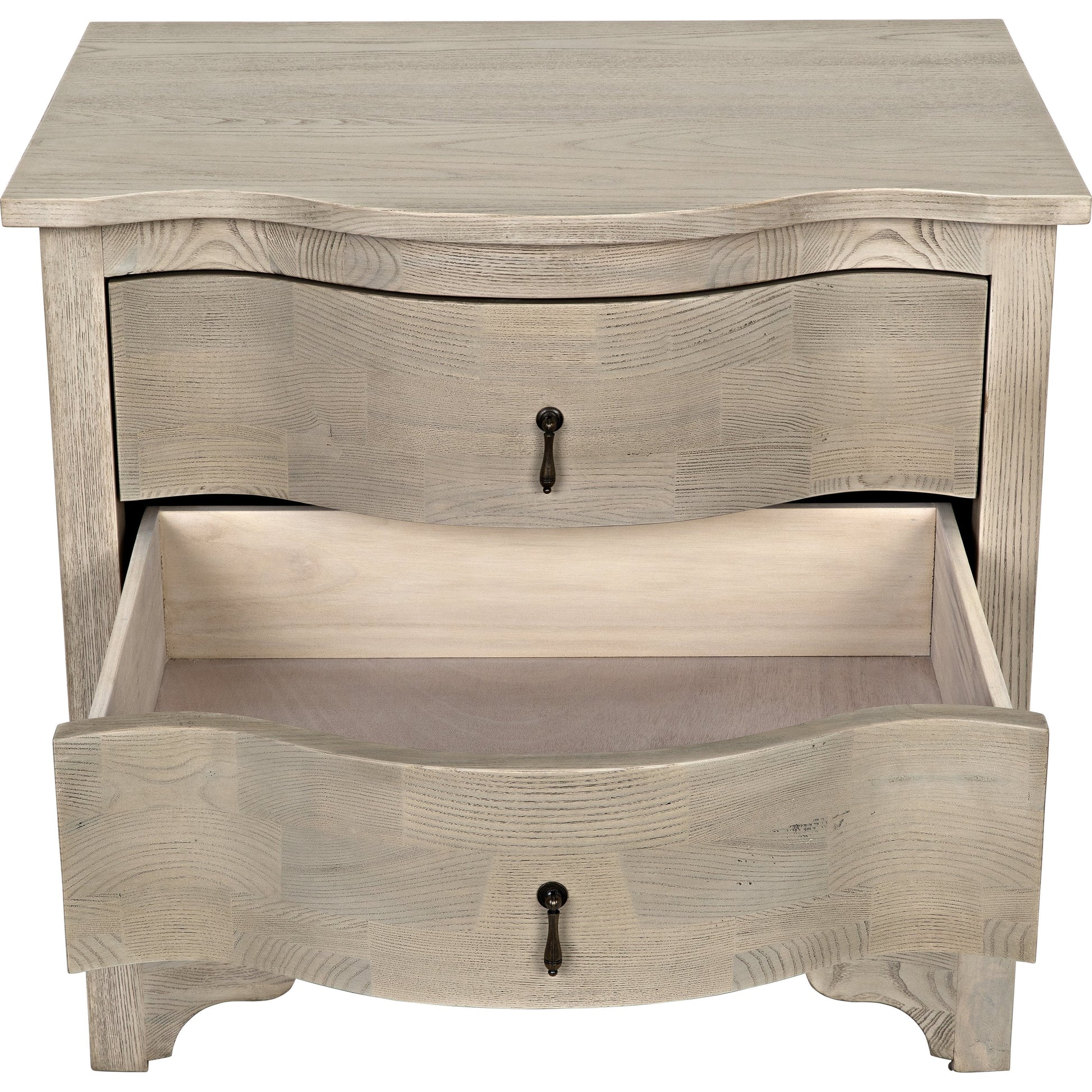 Curved Front Side Table by Noir in vintage gray. Made from elm in a transitional style.