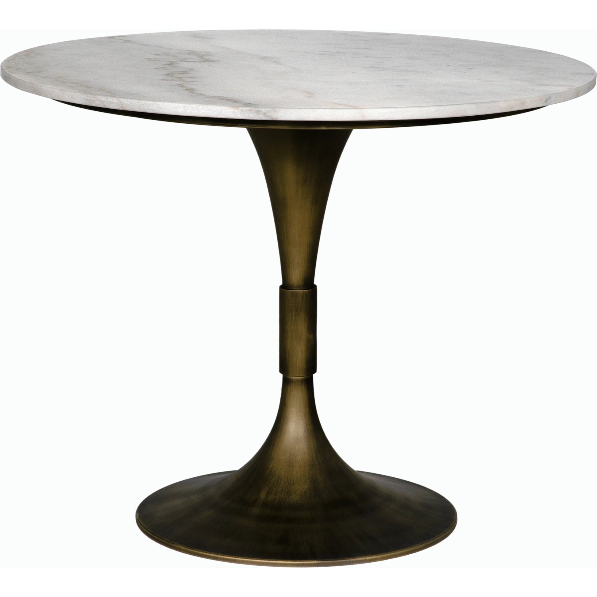 Jman Table 36" by Noir in aged brass. Made from industrial steel and bianco crown marble in a modern style.