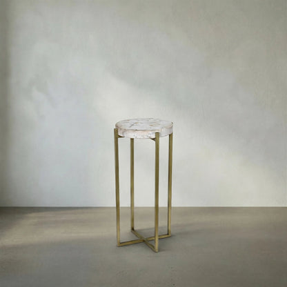 Soho Side Table by Noir in antique brass. Made from metal, quartz in a transitional style.
