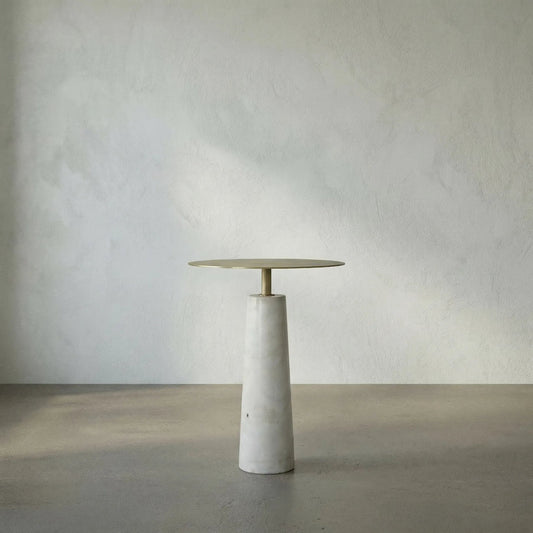 Hotaru Side Table by Noir in antique brass. Made from white marble, metal in a transitional style.