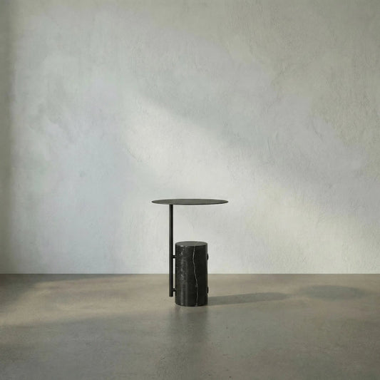 Juma Side Table by Noir in matte black. Made from industrial steel, marble in a modern style.