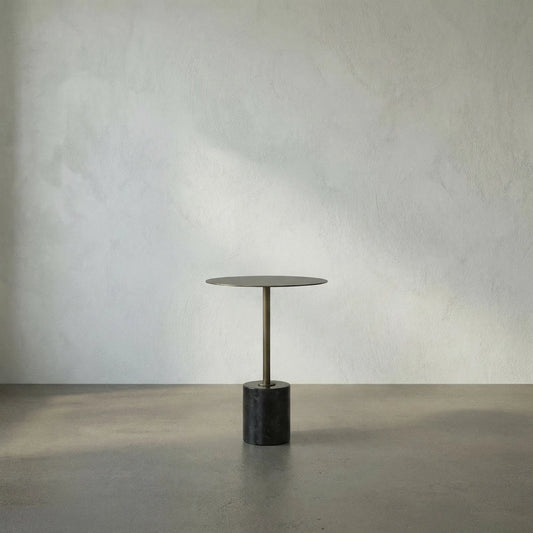 Santosh Side Table by Noir in aged brass. Made from iron, marble in a modern style.