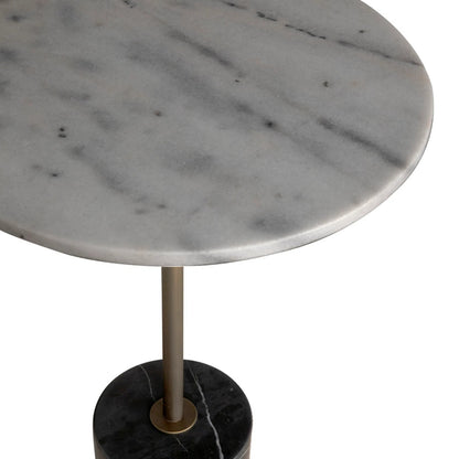 Santosha Side Table with Stone Top by Noir in aged brass. Made from industrial steel, bianco crown marble in a modern style.