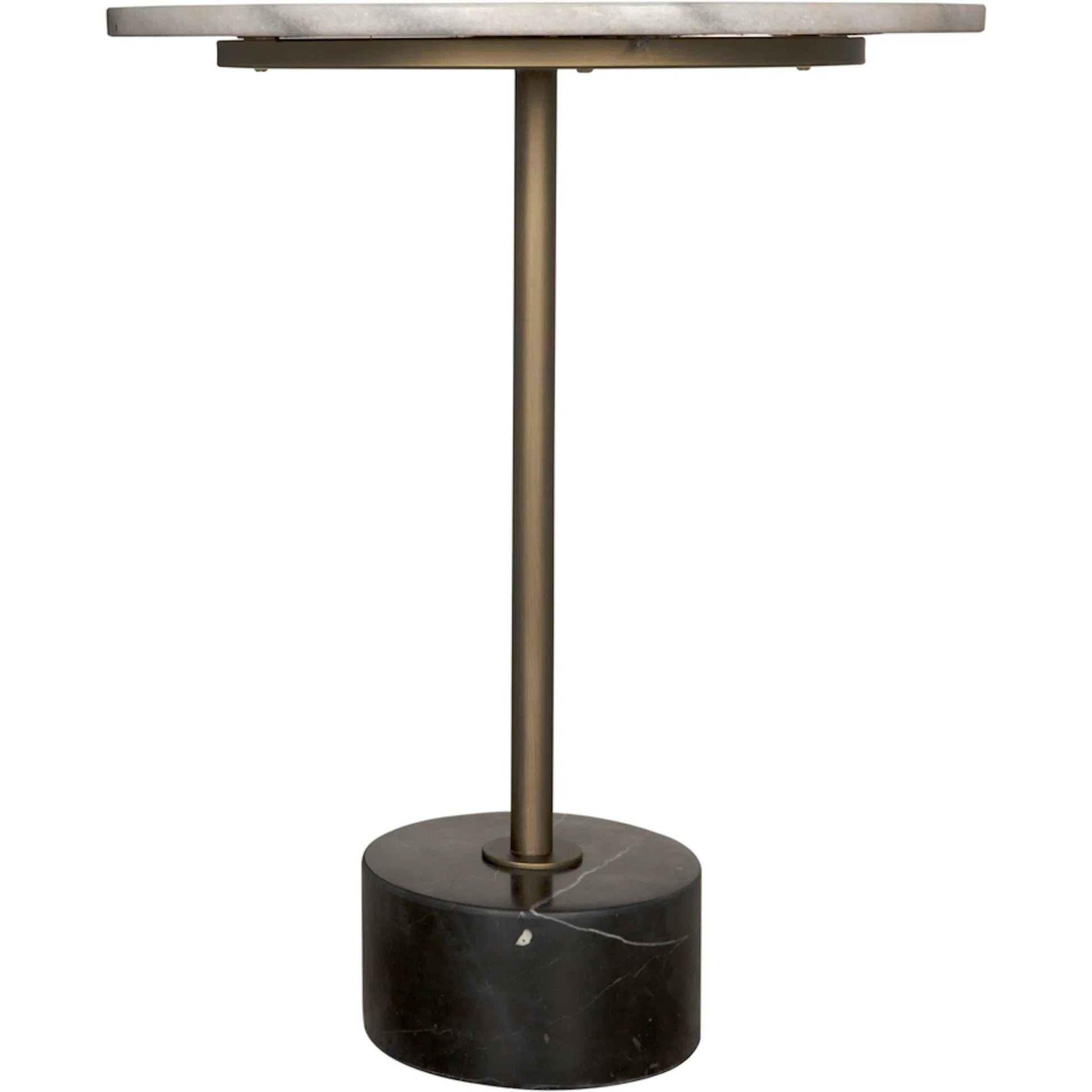 Santosha Side Table with Stone Top by Noir in aged brass. Made from industrial steel, bianco crown marble in a modern style.