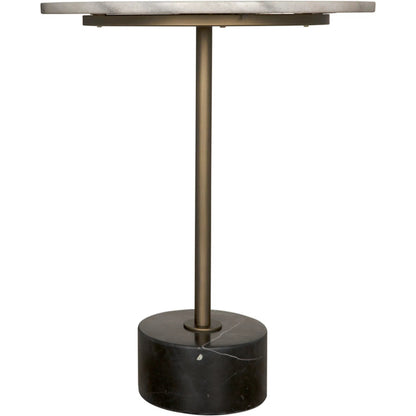 Santosha Side Table with Stone Top by Noir in aged brass. Made from industrial steel, bianco crown marble in a modern style.