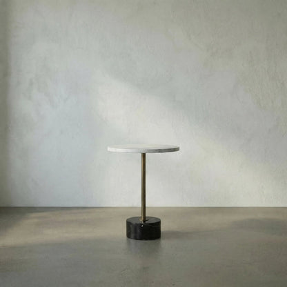 Santosha Side Table with Stone Top by Noir in aged brass. Made from industrial steel, bianco crown marble in a modern style.