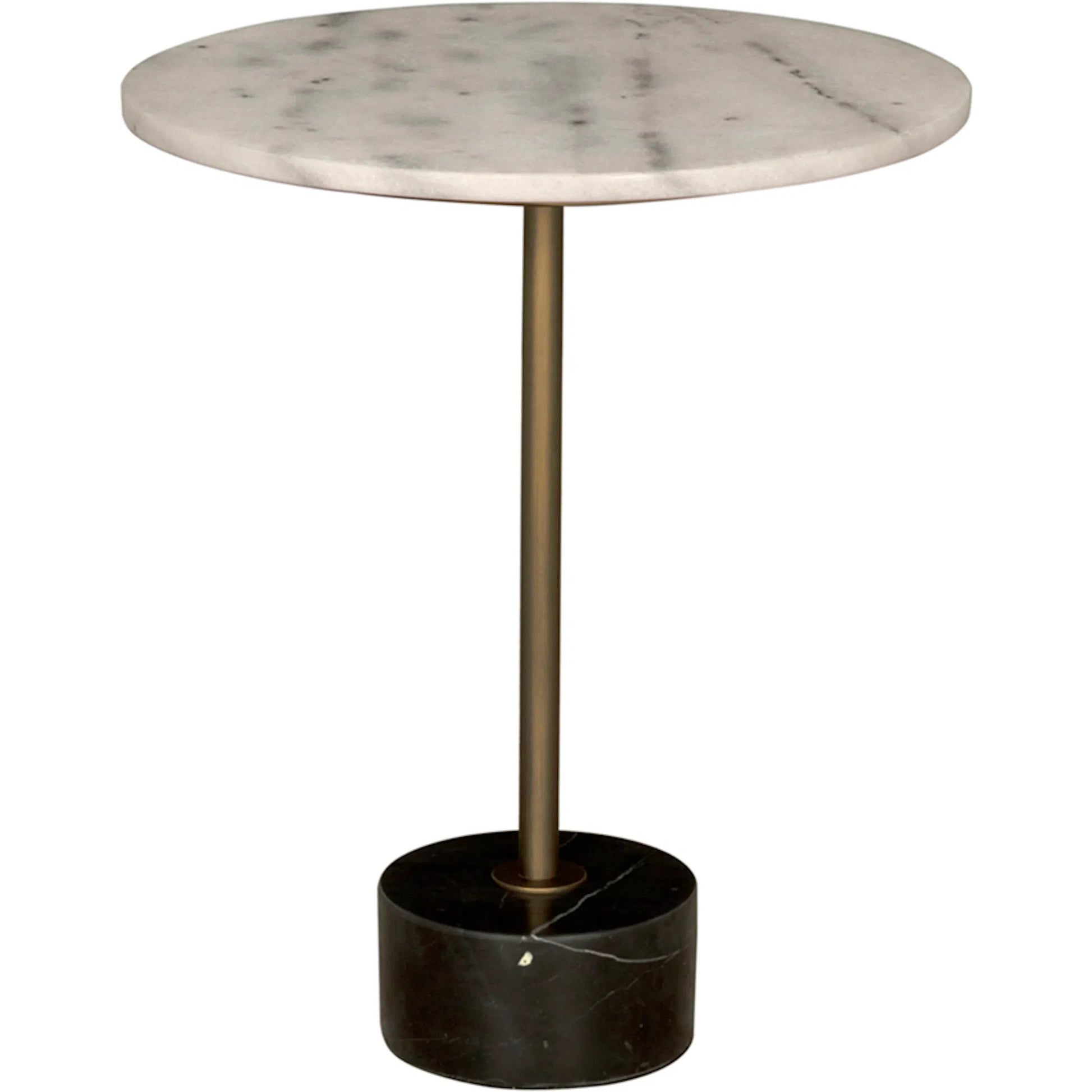 Santosha Side Table with Stone Top by Noir in aged brass. Made from industrial steel, bianco crown marble in a modern style.