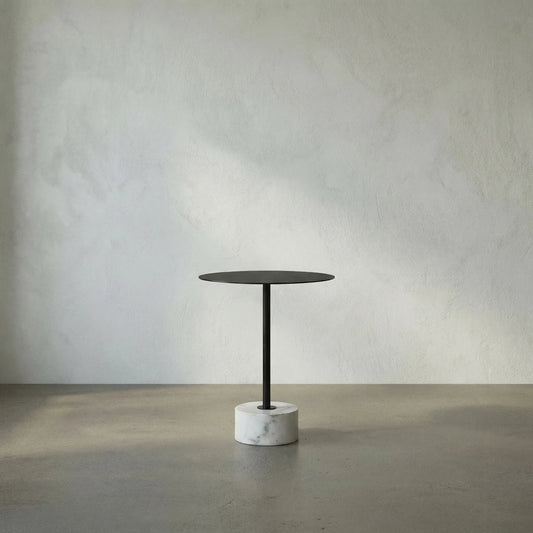 Govinda Side Table by Noir in matte black. Made from industrial steel, white marble in a modern style.