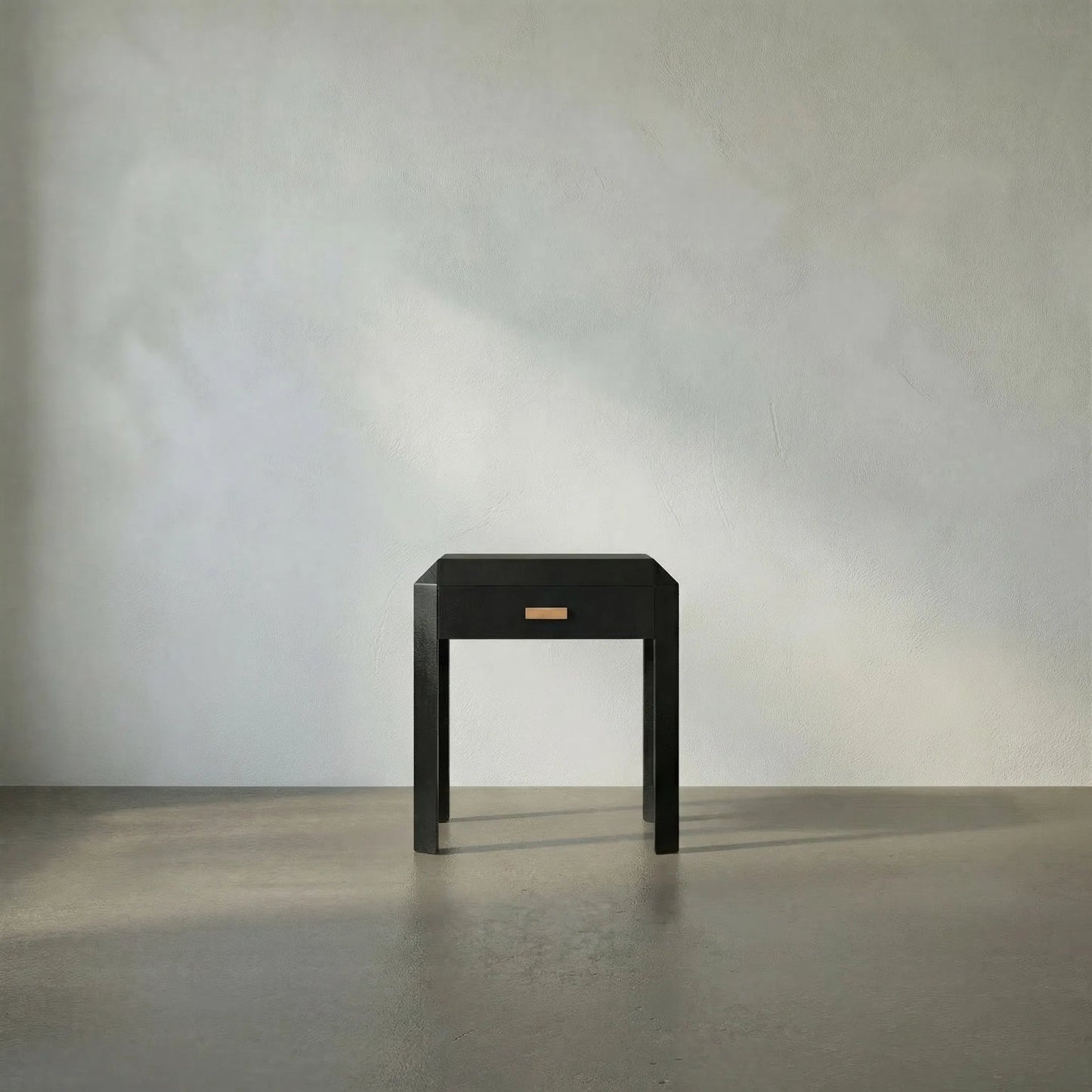 009 SI-2379023 | Lifestyle | Obtuse Side Table by Noir in hand rubbed black. Made from mahogany, veneer, brass pulls in a modern style.