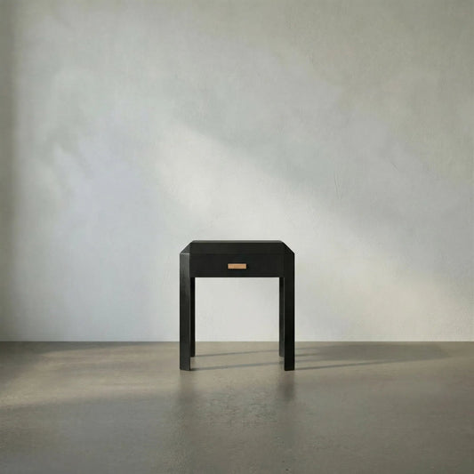 Obtuse Side Table by Noir in hand rubbed black. Made from mahogany, veneer, brass pulls in a modern style.