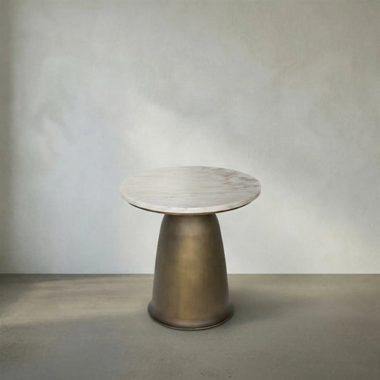 Aiden Side Table by Noir in aged brass. Made from industrial steel and white marble in a modern style.