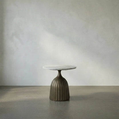 Samuel Side Table by Noir in aged brass. Made from industrial steel and white marble in a modern style.
