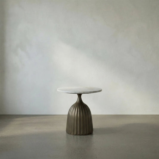 Samuel Side Table by Noir in aged brass. Made from industrial steel and white marble in a modern style.