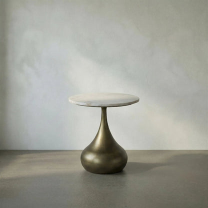 Mateo Side Table by Noir in aged brass. Made from industrial steel and white marble in a modern style.