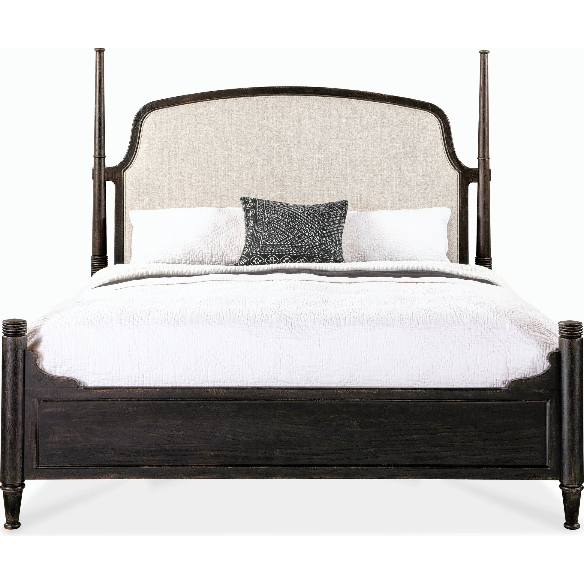 Americana King Upholstered Poster Bed by Hooker Furniture in beige. Made from oak veneers and fabric in a modern style.
