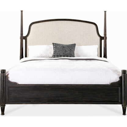 Americana King Upholstered Poster Bed by Hooker Furniture in beige. Made from oak veneers and fabric in a modern style.