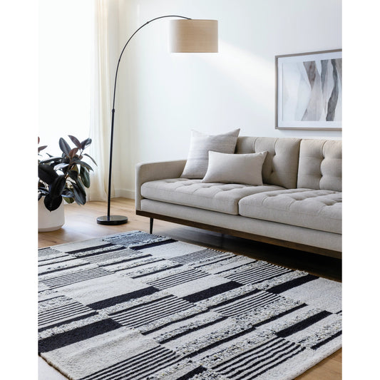 Goteborg Rug - 488323 by Surya in silver, jet black, light silver. Made from face: 80% wool, 20% cotton, warp: 20% cotton in a unique style.