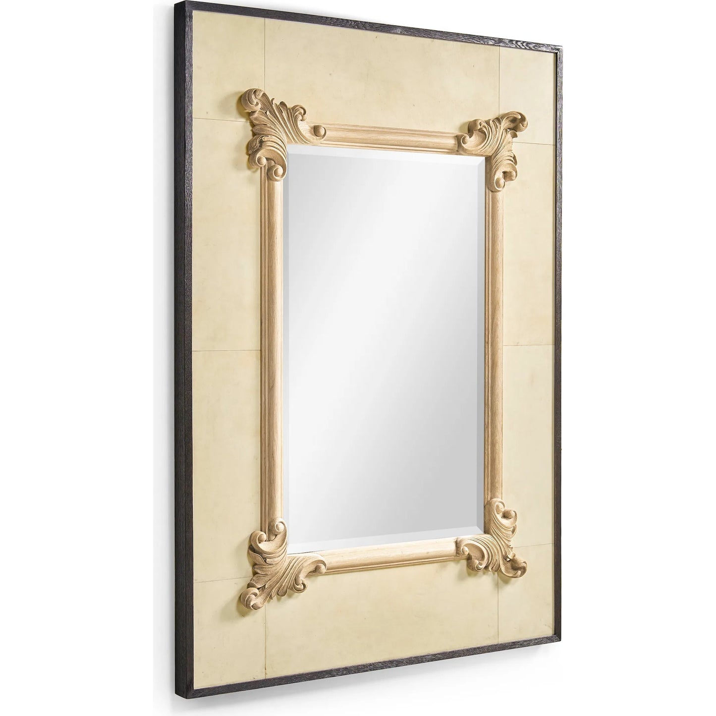 001 SI-2186335 | Primary Silo | Attingham Wall Mirror by Jonathan Charles in beige and ebonized oak, parchment. Made from solid oak, parchment, glass in a modern style.