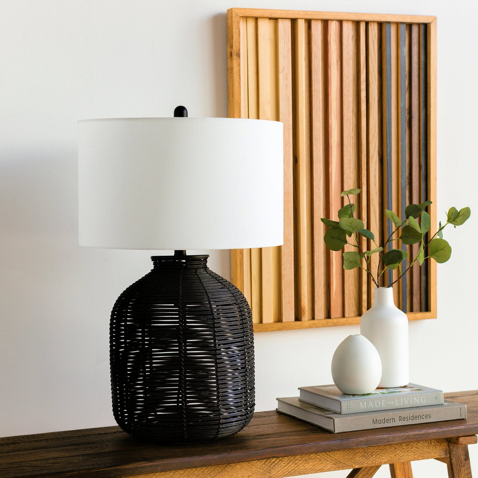 Galatas - 32416 by Surya in white, black, metallic nickel and paintedpainted. Made from shade (outside): linen, shade (inside): polyester, body: rattan, finial: metal, harp: iron in a modern style.