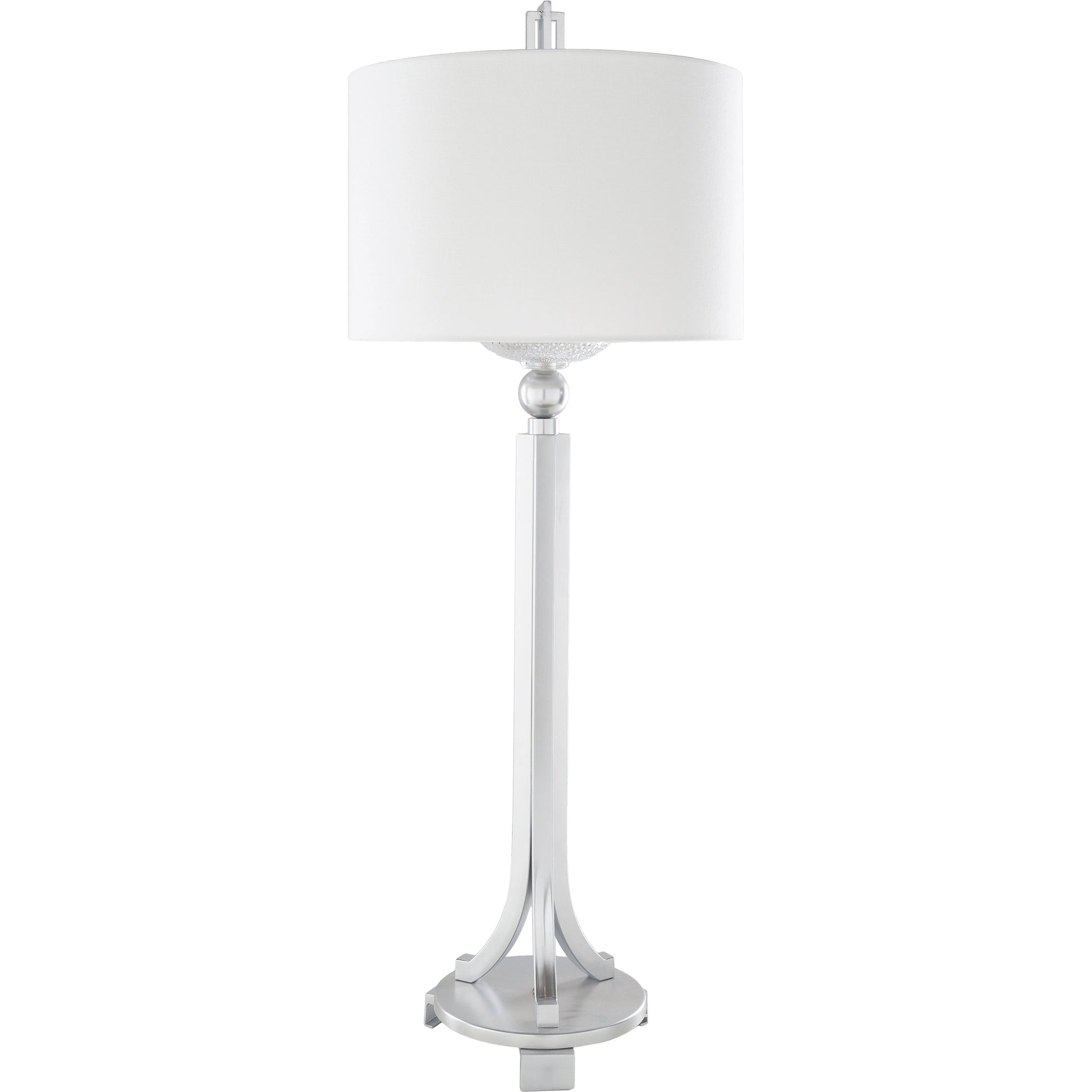 Gustav Accent Table Lamp - 11971 by Surya in white, translucent, metallic nickel and nickel painted. Made from body: metal, base: metal, shade (inside): polyester, finial: metal in a modern style.