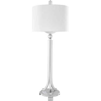 Gustav Accent Table Lamp - 11971 by Surya in white, translucent, metallic nickel and nickel painted. Made from body: metal, base: metal, shade (inside): polyester, finial: metal in a modern style.