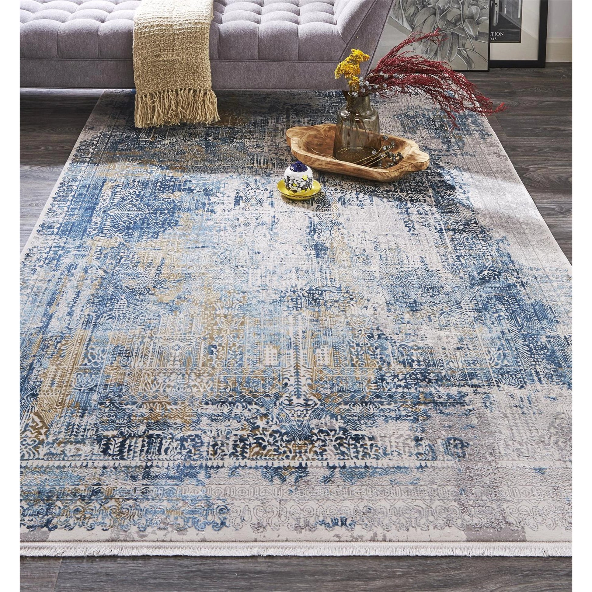 Cadiz Rug - 3890F by Feizy in blue, gray, gold. Made from viscose, acrylic in a unique style.