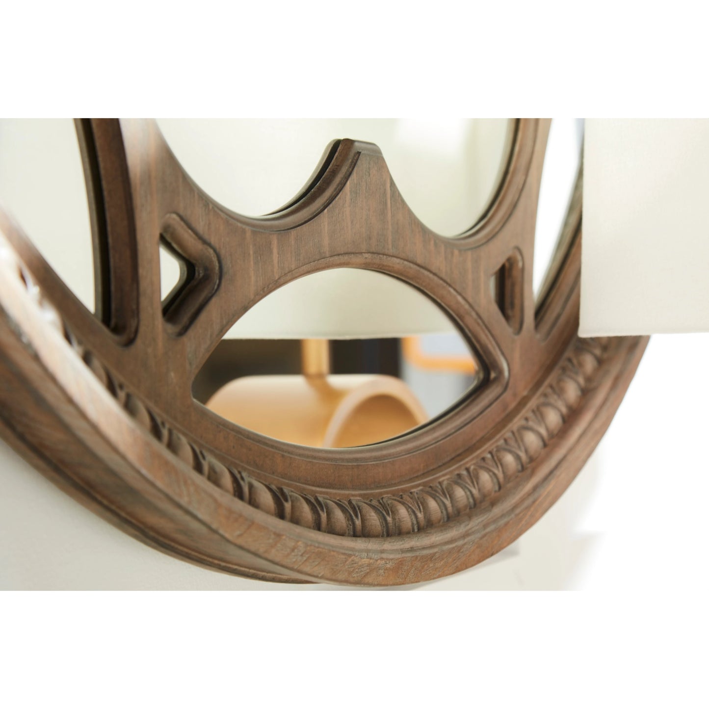 006 SI-2064912 | Closeup | Architrave Round Mirror by A.R.T. Furniture in almond. Made from pine solids and veneer, glass in a traditional style.