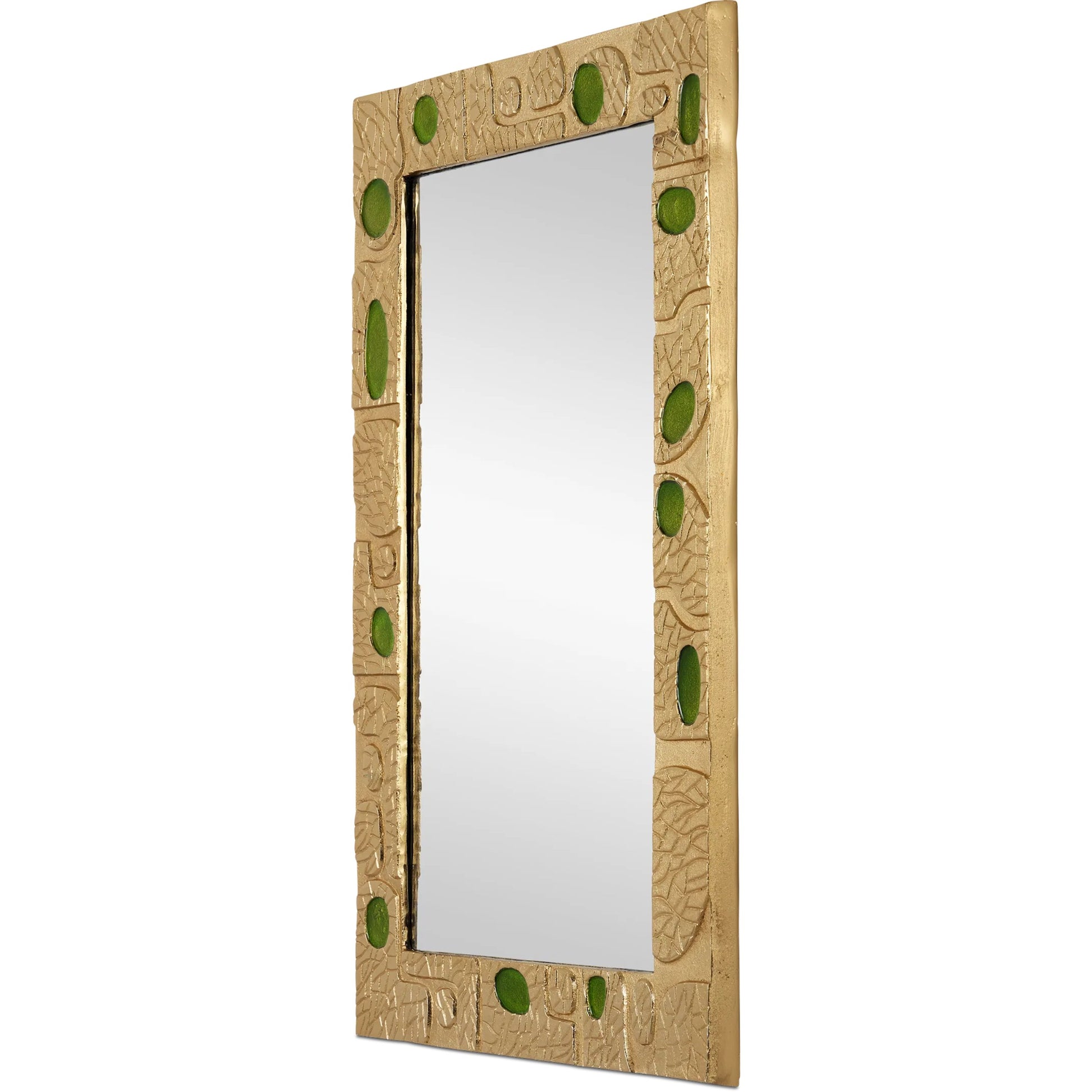 Beau Monde Mirror by Currey and Company in gold, green. Made from cast aluminum, enamel, glass in a modern style.