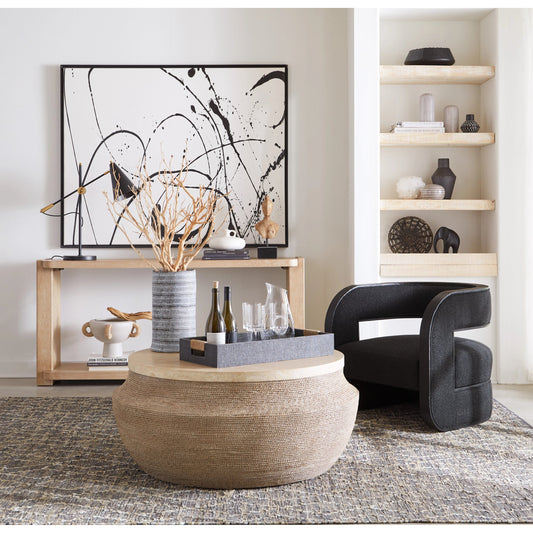 Retreat Round Cocktail Table by Hooker Furniture in brown. Made from wood, resin, travertine stone veneers in a cottage & farmhouse style.