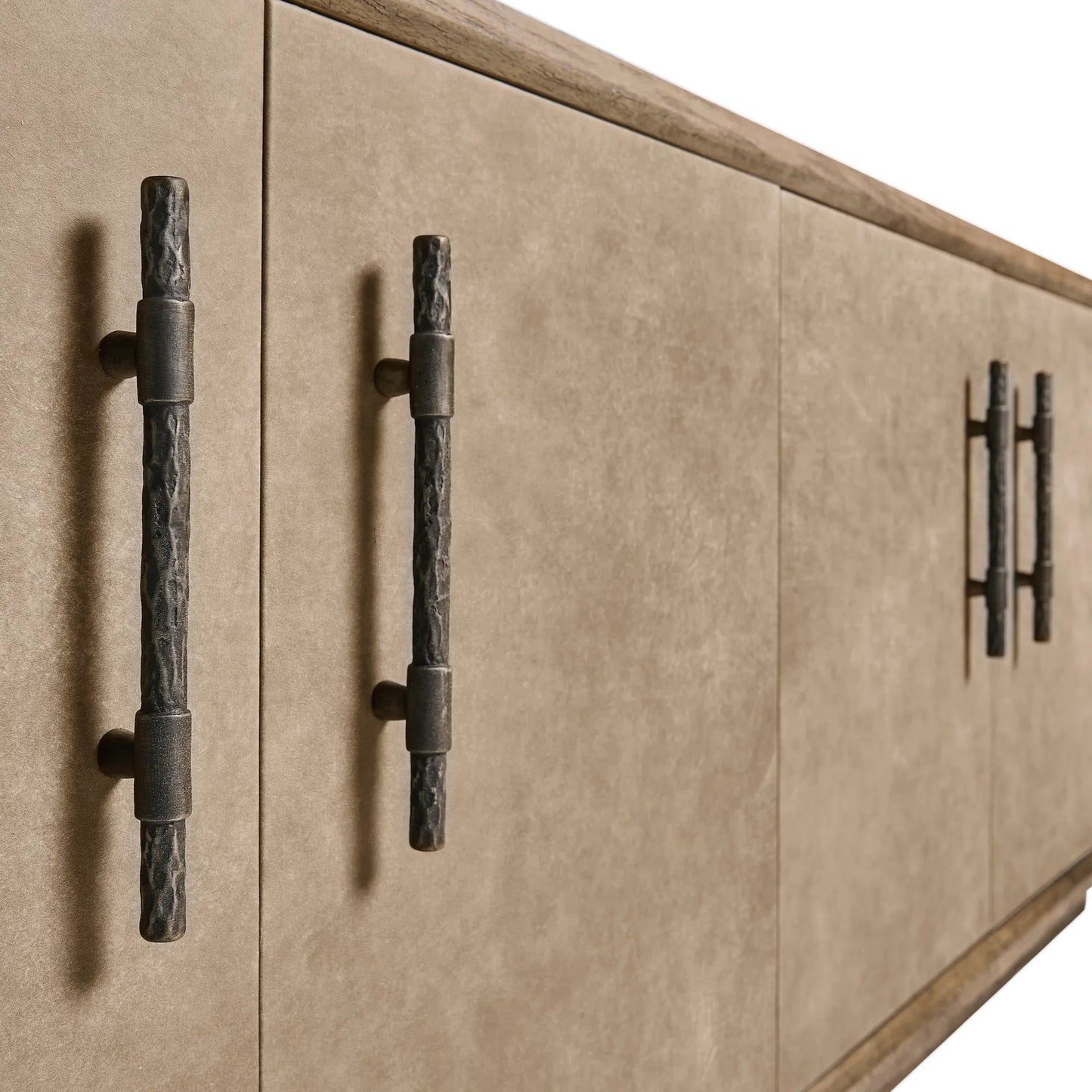 010 SI-2462629 | Closeup | Stone Ridge Leather Credenza by Jonathan Charles in tully light acacia. Made from acacia in a transitional style.