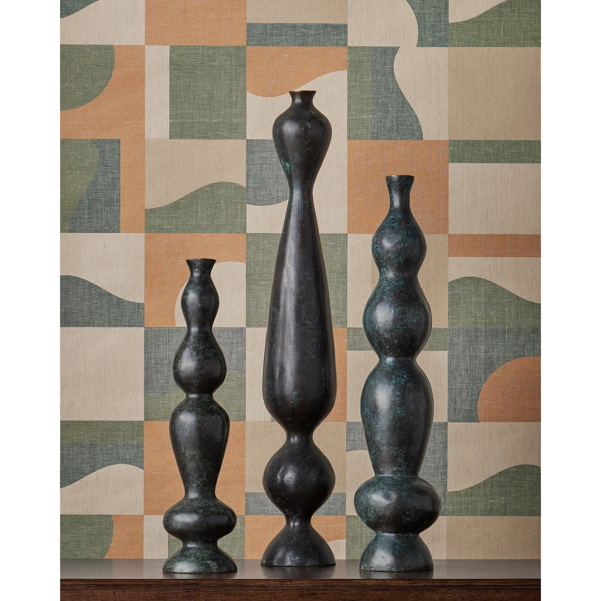 Luganzo Bronze Vase by Currey and Company in jade green, gold. Made from bronze in a modern style.