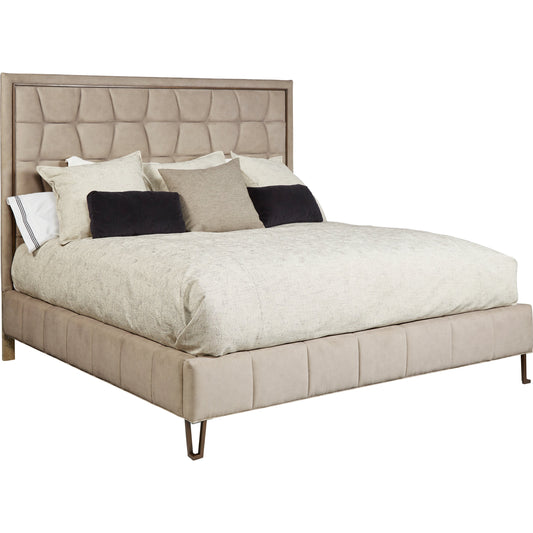 Tamarac Upholstered Bed by A.R.T. Furniture in beige and dusky brindle. Made from parawood solids and oak veneer in a modern style.