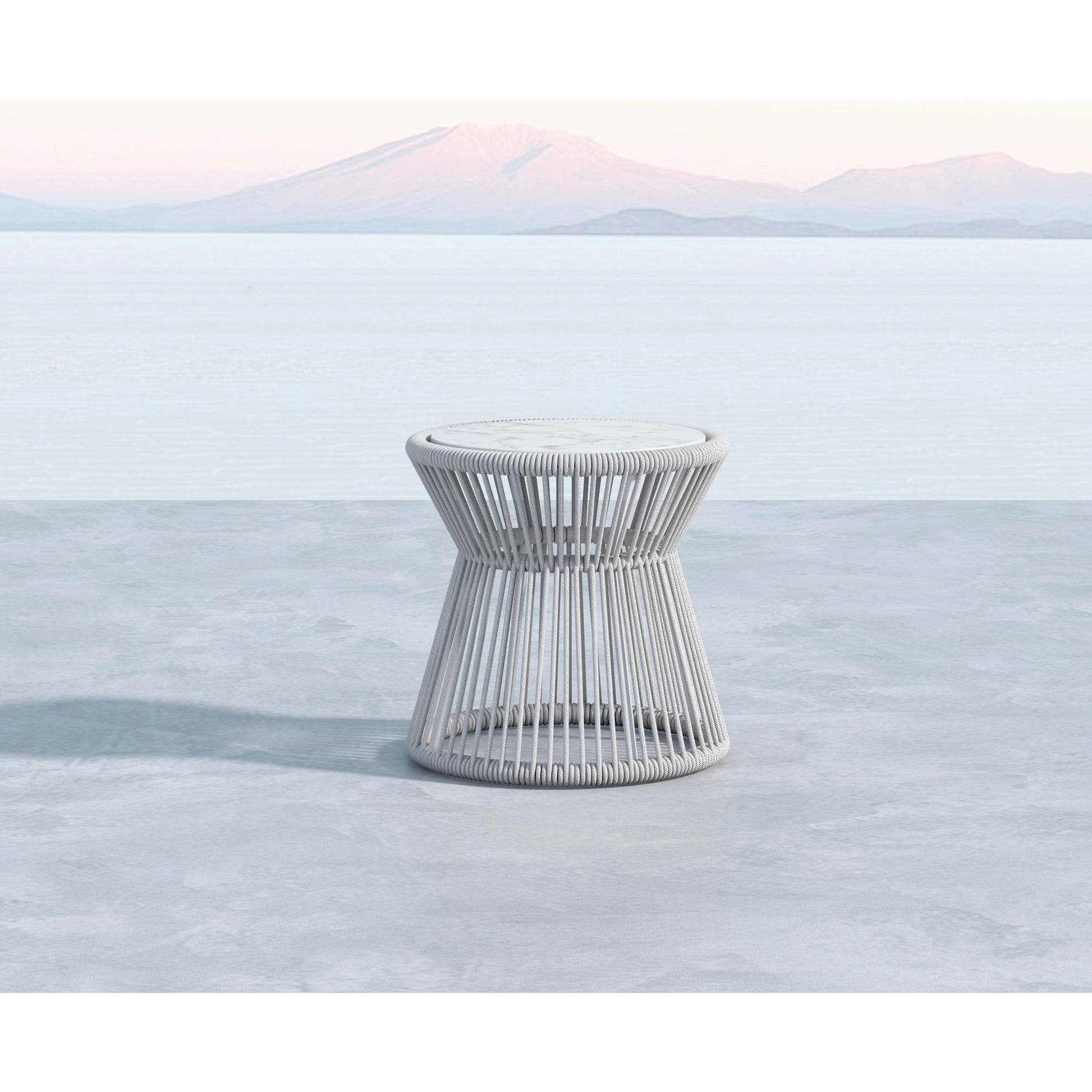Miami Outdoor End Table by Sunset West in frost. Made from olefin rope in a coastal style.