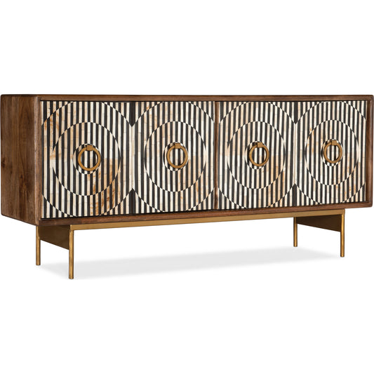 Melange Russell Credenza by Hooker Furniture in medium wood. Made from mango wood with bone inlay, metal in a modern style.