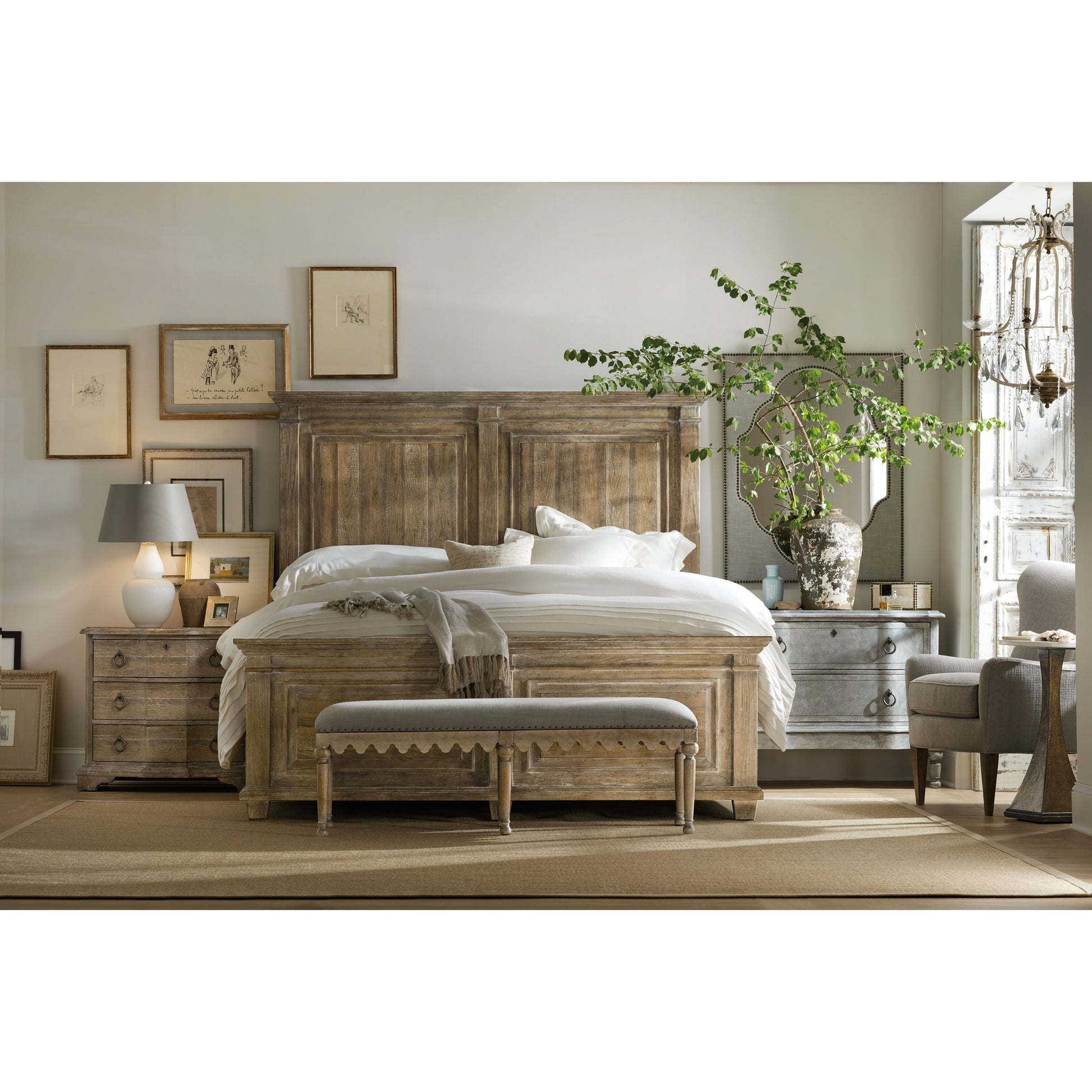 Madera Bed Bench by Hooker Furniture in grey and light brown, soft gray. Made from fabric in a traditional style.