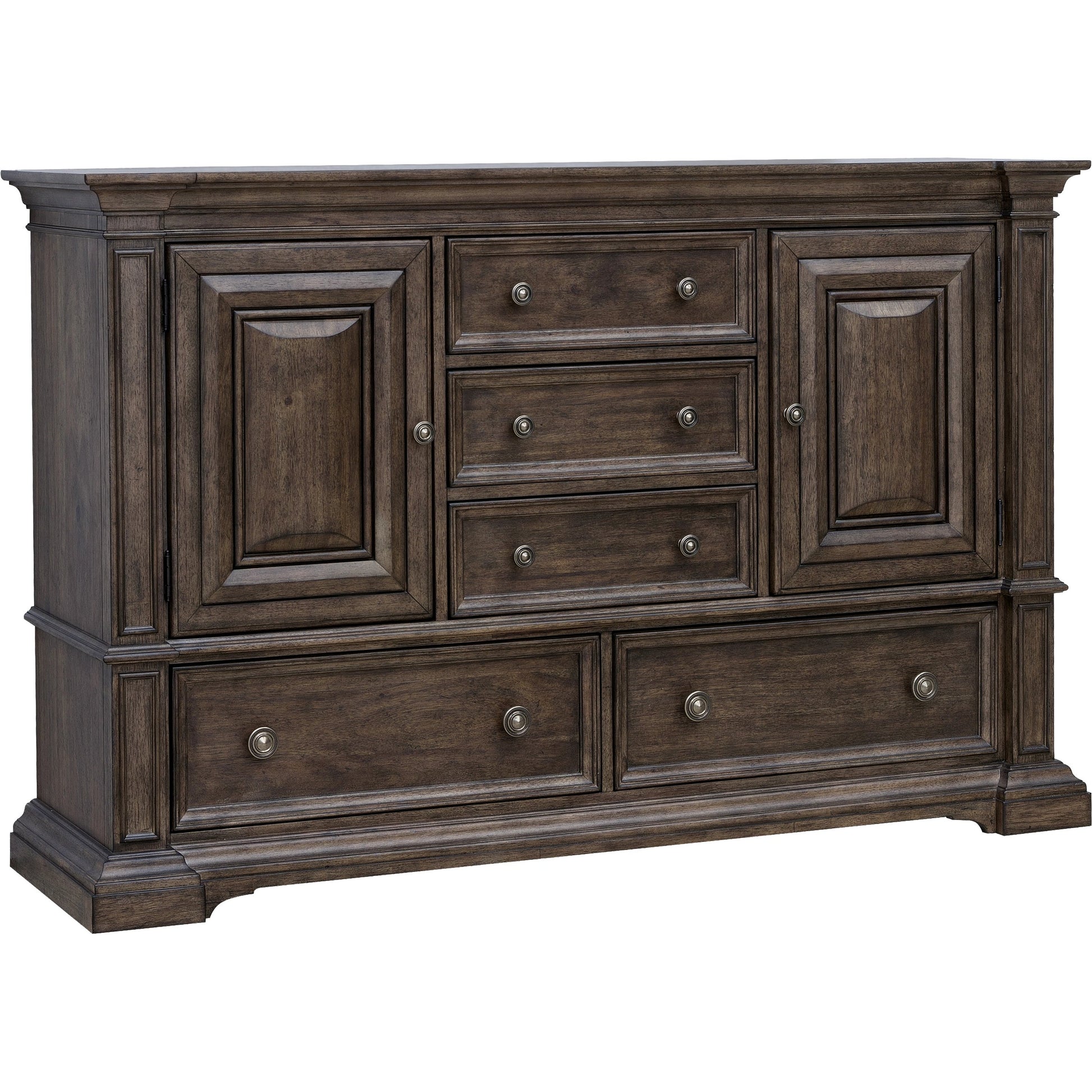 Woodbury Cabinet Dresser & Mirror Set by Pulaski Furniture in cowboy boots brown. Made from rubberwood in a traditional style.