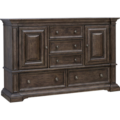Woodbury Cabinet Dresser & Mirror Set by Pulaski Furniture in cowboy boots brown. Made from rubberwood in a traditional style.